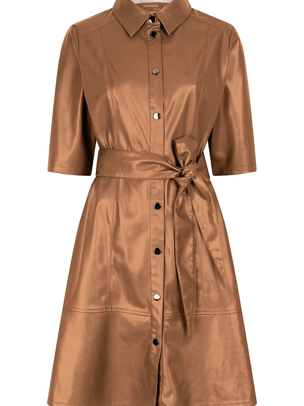 NWT EsQualo Vegan Leather Shirt Dress Brandy Metallic Bronze Gold Belted Sz 12